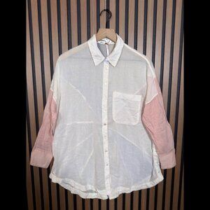 Free People Shirt XS White Sheer Long Sleeve Collared Multicolor 100% Cotton